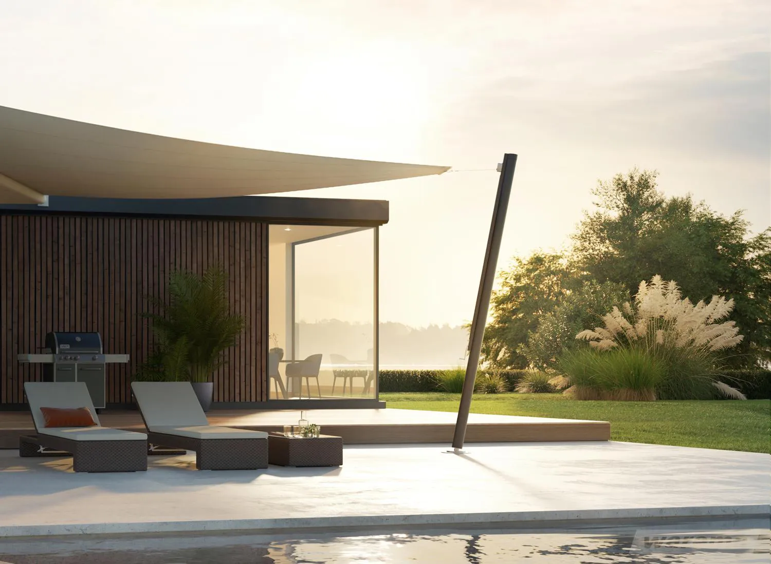 Entspannte Atmosphäre auf einer modernen Terrasse mit Sonnensegel Moderne Terrasse mit Liegestühlen und Grill neben einem Pool