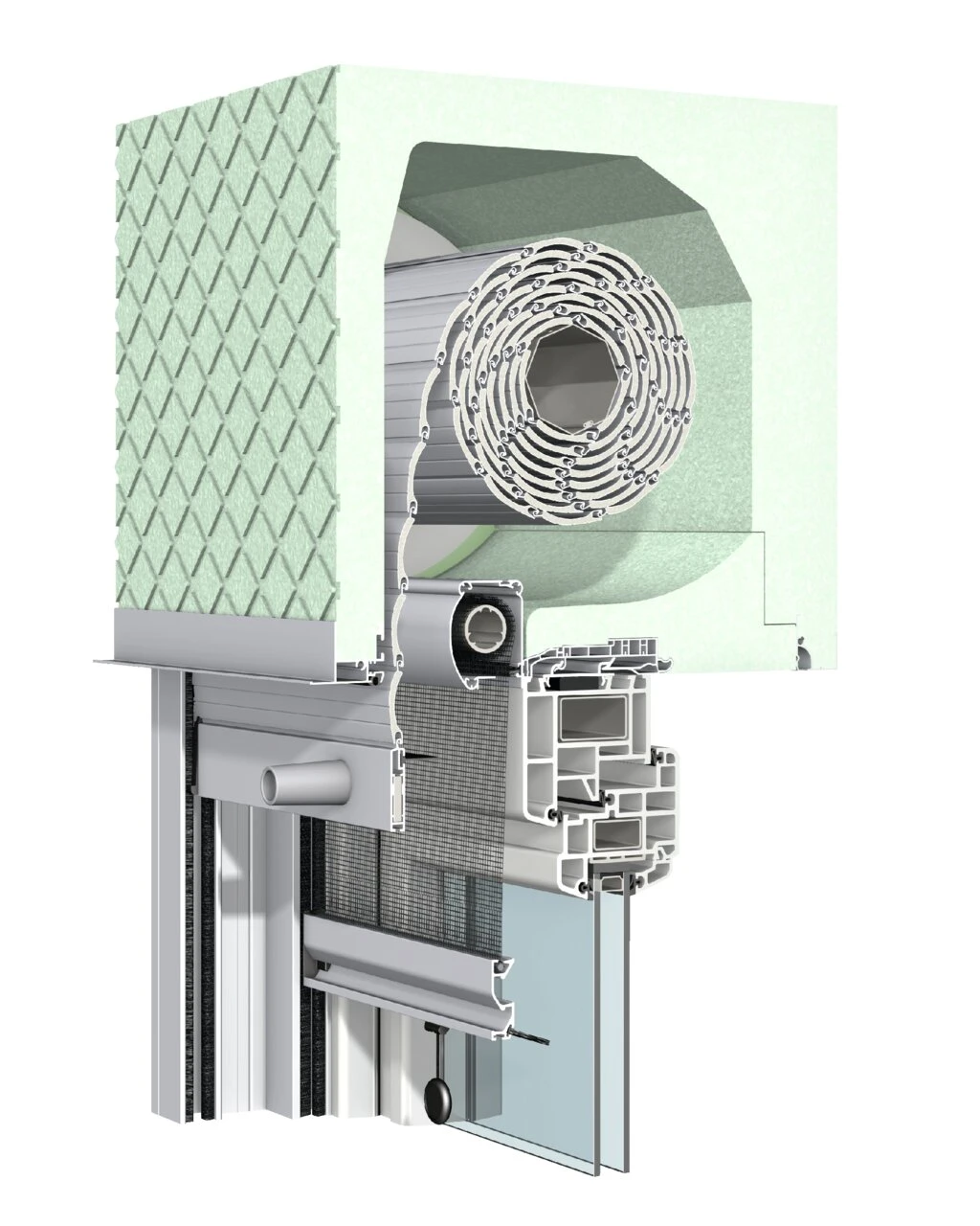Querschnitt eines modernen Rollladen- und Fensterbau-Systems